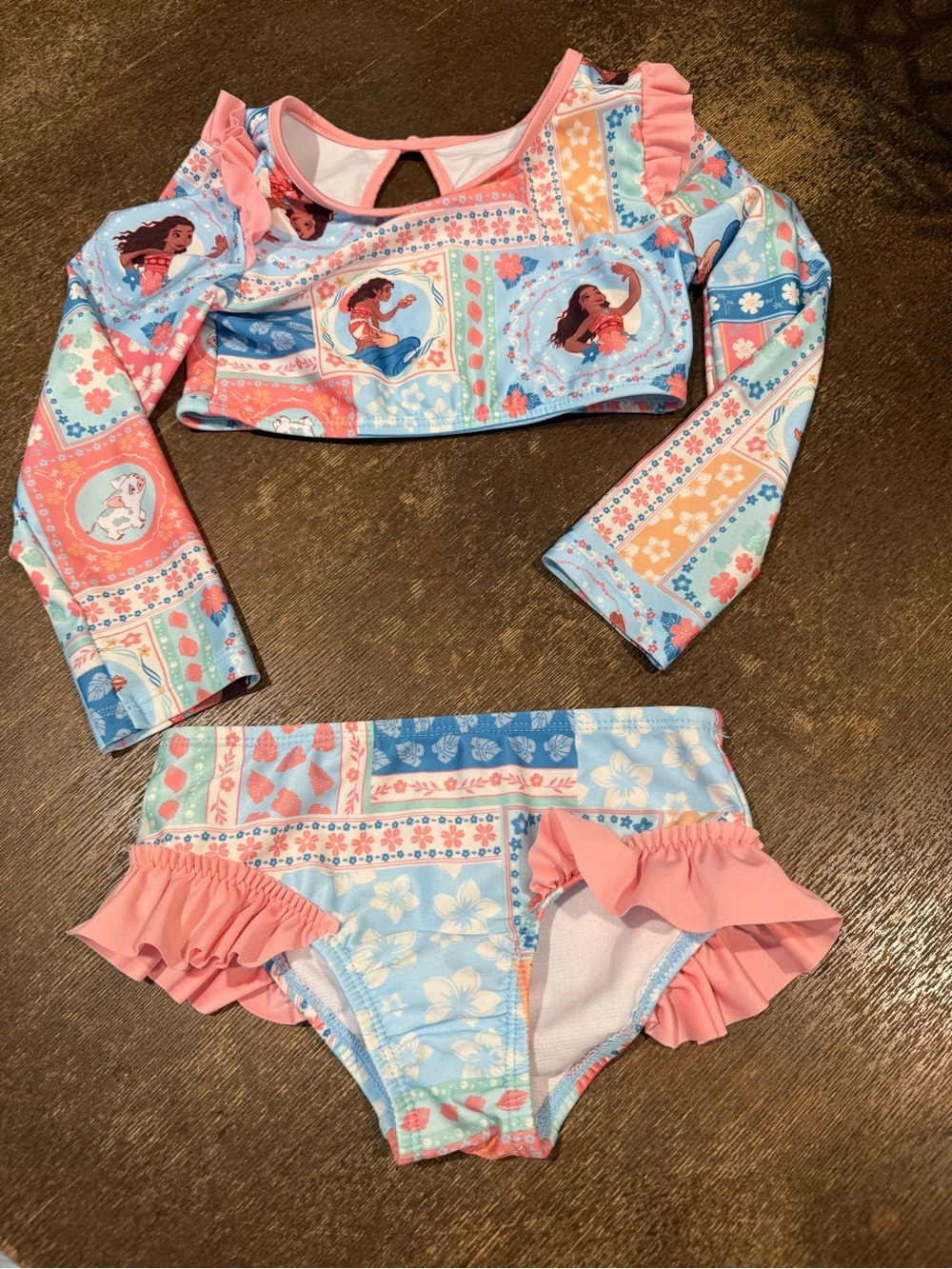 Disney Pink & Light Blue Moana Patchwork Long-Sleeve Two-Piece Swim Set